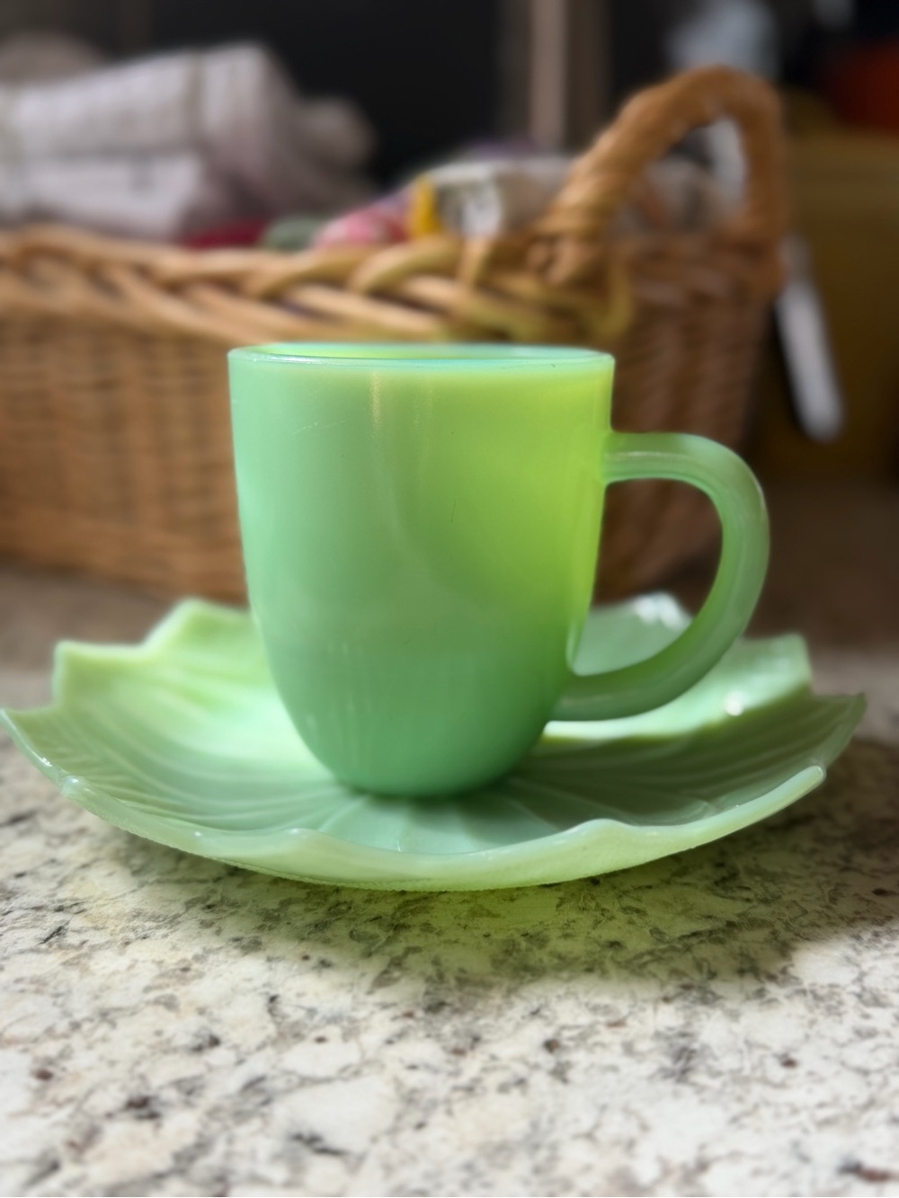 Vintage Jadeite Green Milk Glass Tea Coffee Cup Leaf and Blossom Saucer
